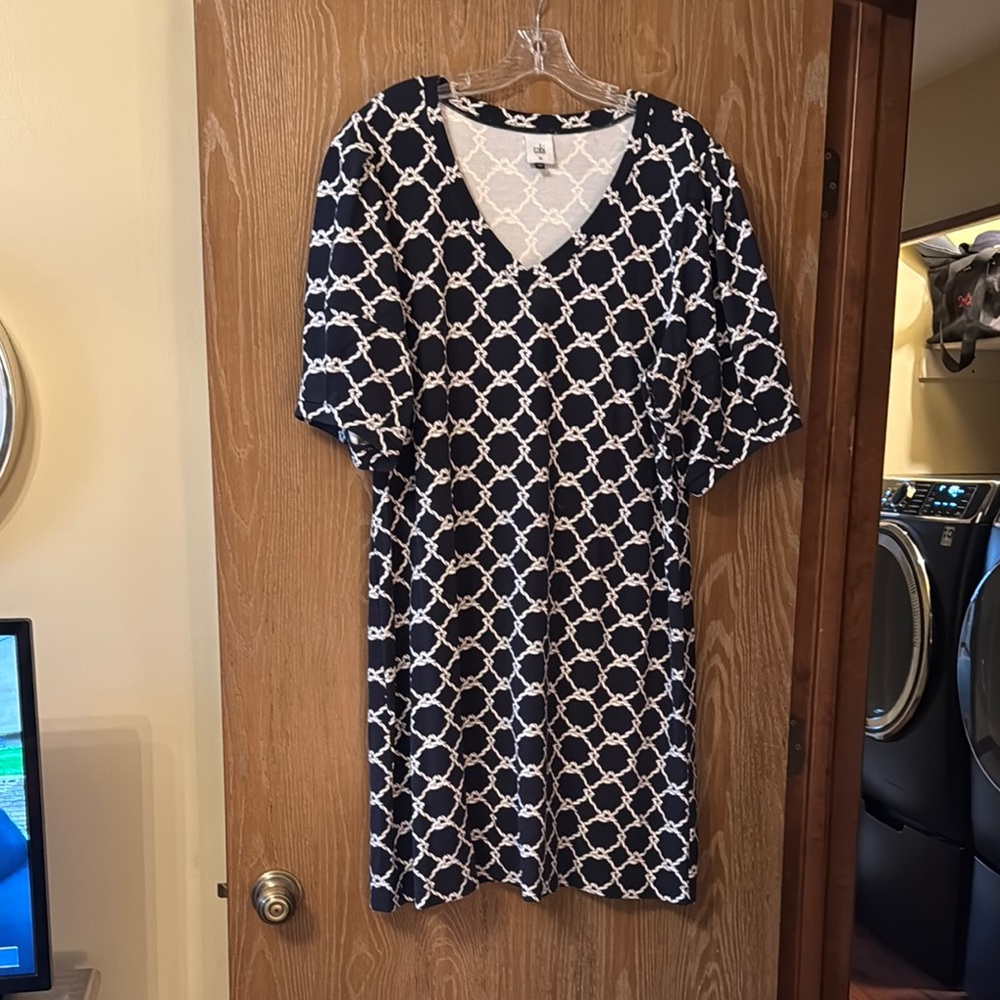 CAbi Navy and White Geometric Midi Dress